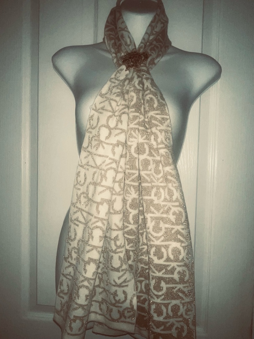 Calvin Klein Cream and Gold Logo Jacquard Scarf